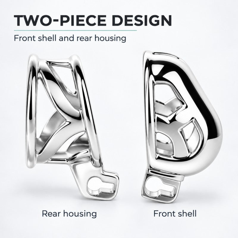 Front shell and rear housing of one stainless steel ringless chastity cage, shown separately before assembly.