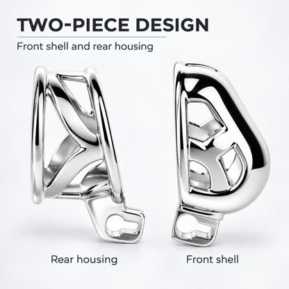 Front shell and rear housing of one stainless steel ringless chastity cage, shown separately before assembly.