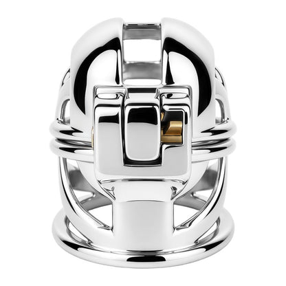 Underside view of the assembled ringless chastity cage, showing the lock housing and open-frame metal body.