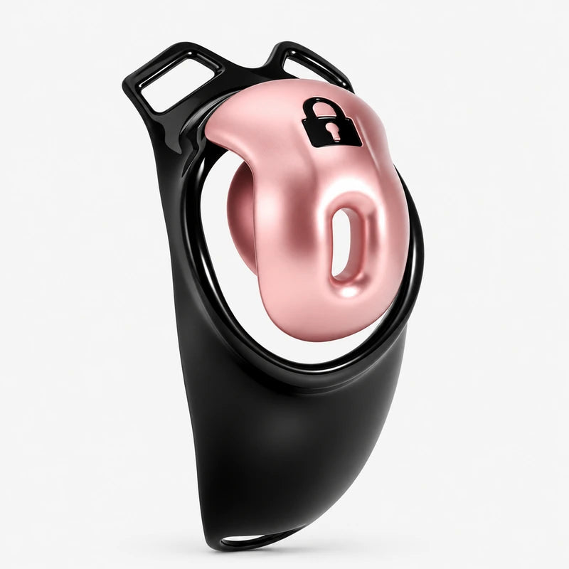 Rose gold resin chastity cage with a black base, front opening and lock symbol.