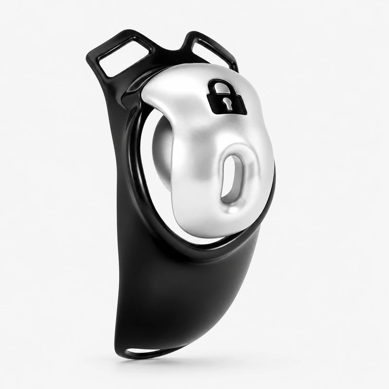 Silver resin chastity cage with a black base, front opening and lock symbol.