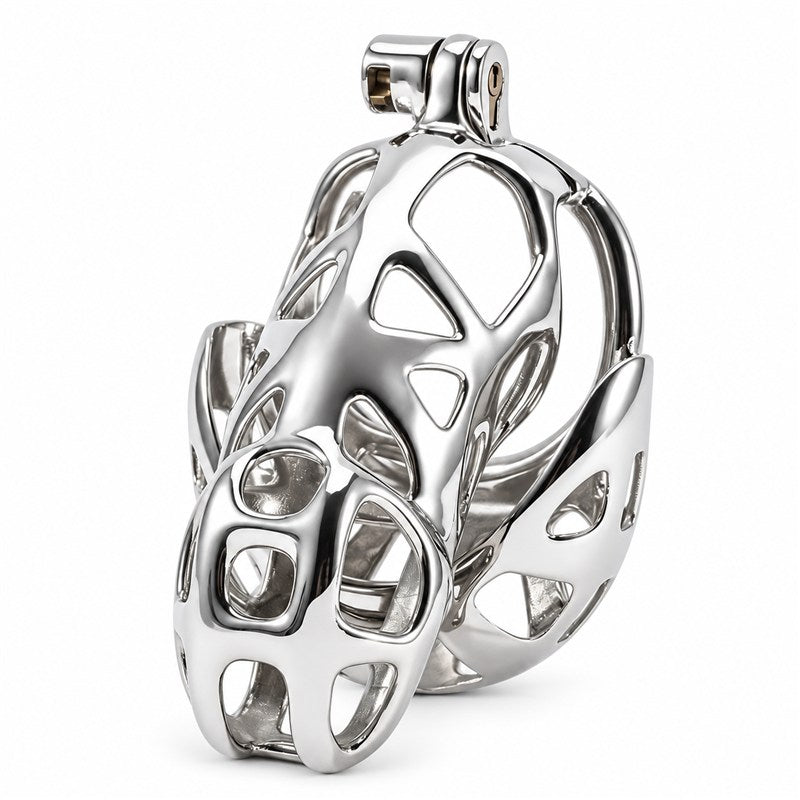 Stainless steel chastity cage with scrotum pouch, angled front view