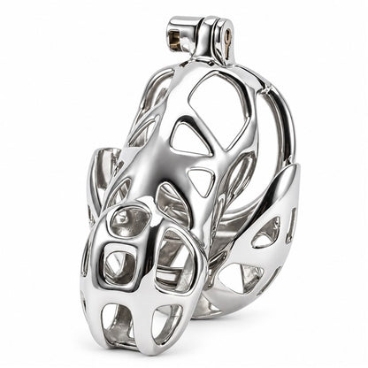 Stainless steel chastity cage with scrotum pouch, angled front view