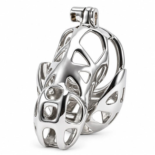 Stainless steel chastity cage with scrotum pouch, angled front view