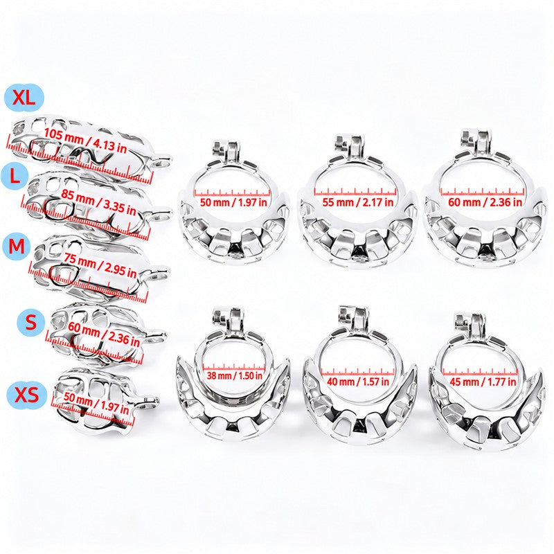Size chart: XS 50 mm, S 60 mm, M 75 mm, L 85 mm, XL 105 mm; rings 38–60 mm