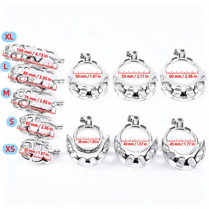 Size chart: XS 50 mm, S 60 mm, M 75 mm, L 85 mm, XL 105 mm; rings 38–60 mm