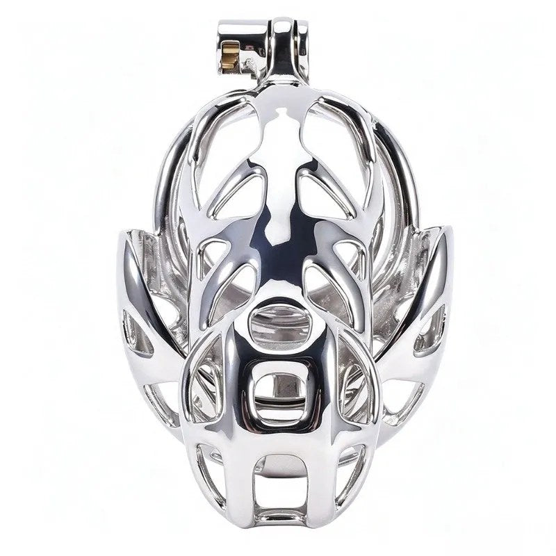 Stainless steel chastity cage and scrotum pouch, front view