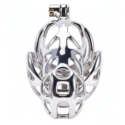 Stainless steel chastity cage and scrotum pouch, front view