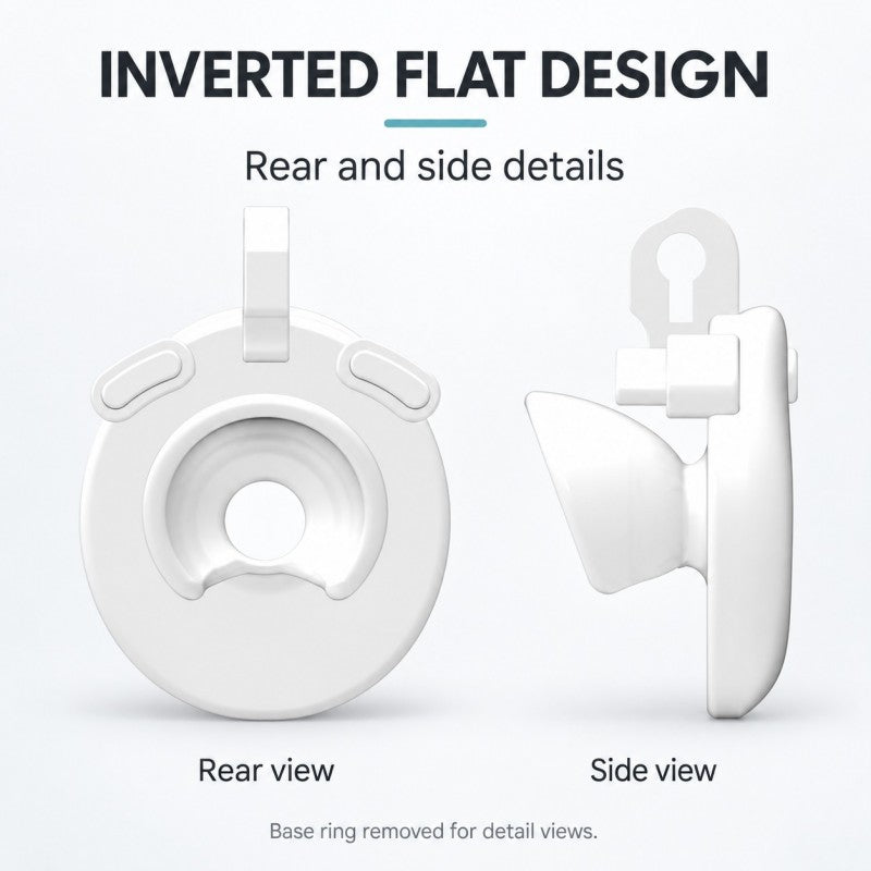 Rear and side views of the white inverted flat chastity cage, showing the inward-facing insert with the base ring removed.