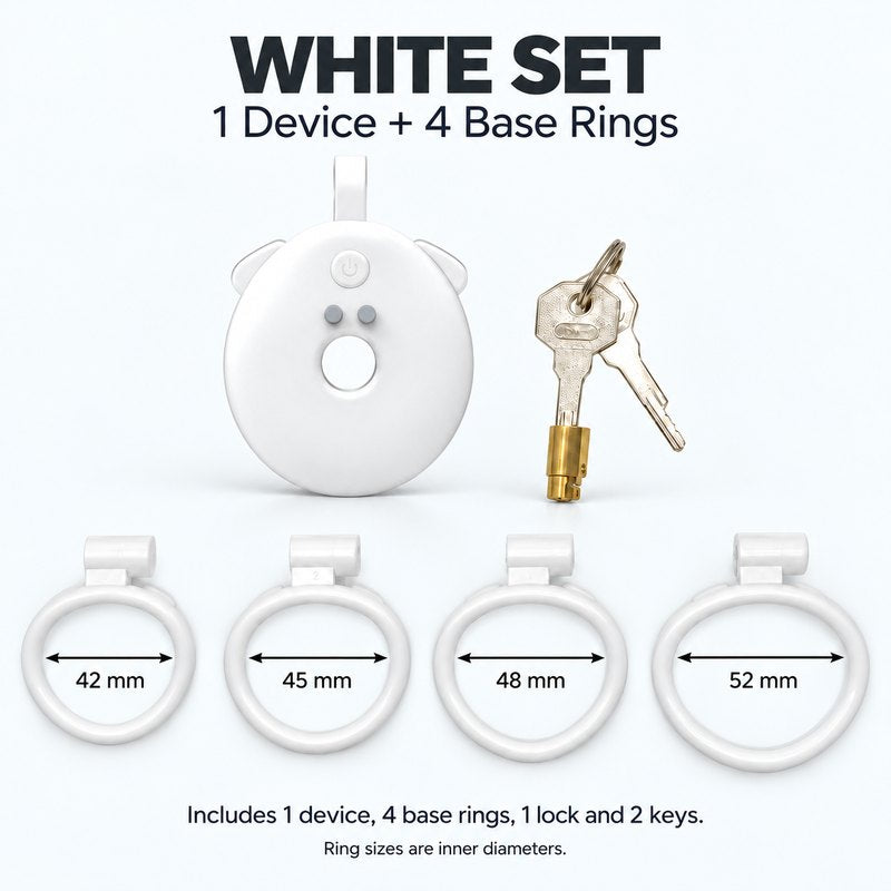 White inverted vibrating chastity cage set with 42, 45, 48 and 52 mm base rings, one lock and two keys.
