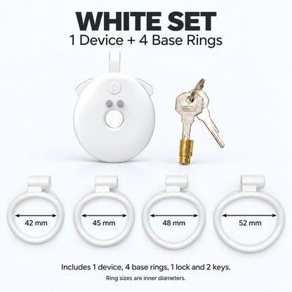 White inverted vibrating chastity cage set with 42, 45, 48 and 52 mm base rings, one lock and two keys.